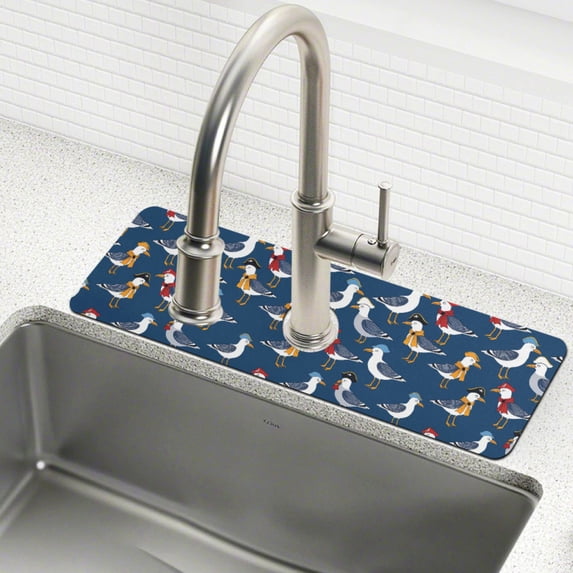 Yayeee Faucet Mat for Kitchen Sink 14.7" Diatomite Long Splash Guard Pad, Blue Cartoon Birds Pattern, 2 Pack