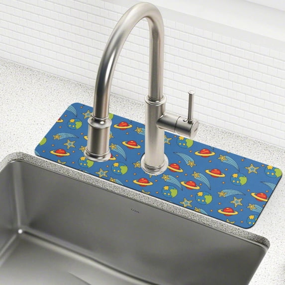 Yayeee Faucet Mat for Kitchen Sink 14.7" Diatomite Long Splash Guard Pad, Blue Cartoon Galaxy