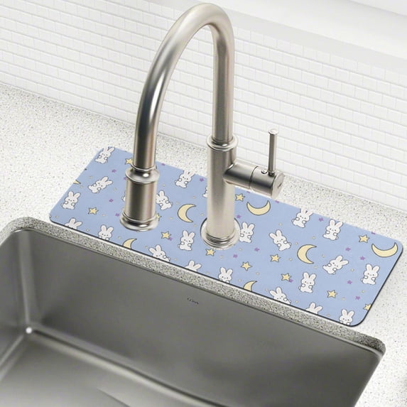 Yayeee Faucet Mat for Kitchen Sink 14.7" Diatomite Long Splash Guard Pad, Blue Cartoon Rabbit Pattern
