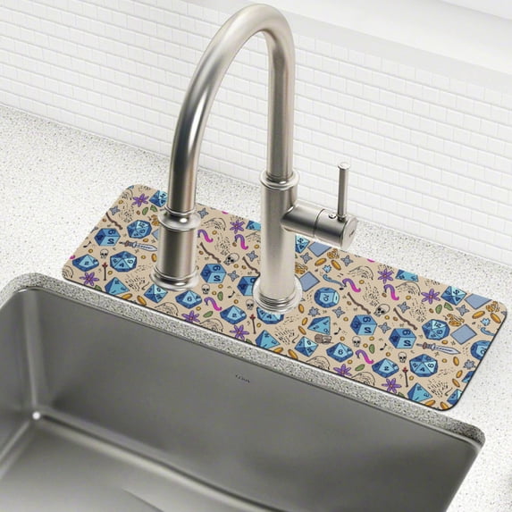 Yayeee Faucet Mat for Kitchen Sink 14.7" Diatomite Long Splash Guard Pad, Blue Dice Pattern
