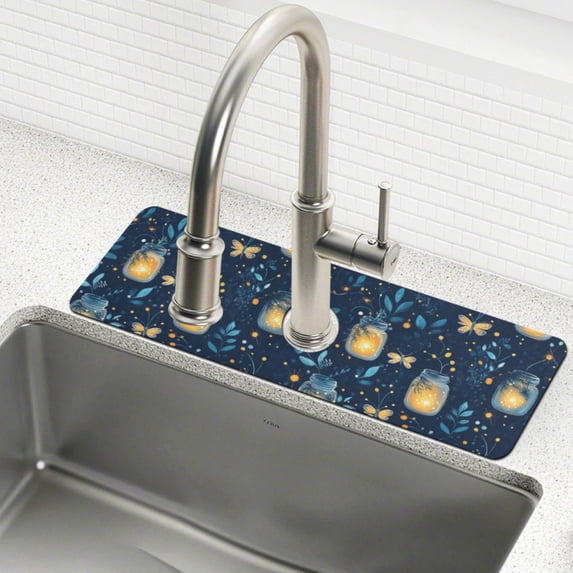 Yayeee Faucet Mat for Kitchen Sink 14.7" Diatomite Long Splash Guard Pad, Blue Fireflies Pattern