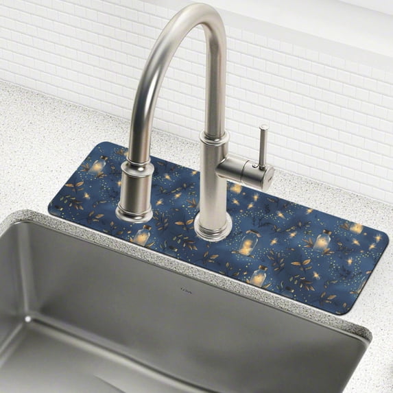 Yayeee Faucet Mat for Kitchen Sink 14.7" Diatomite Long Splash Guard Pad, Blue Firefly Pattern