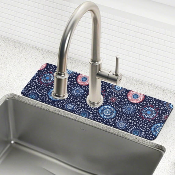 Yayeee Faucet Mat for Kitchen Sink 14.7" Diatomite Long Splash Guard Pad, Blue Fireworks Pattern