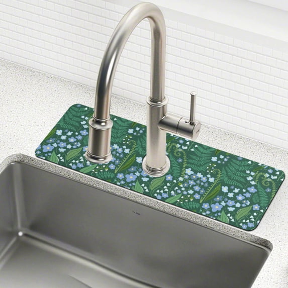 Yayeee Faucet Mat for Kitchen Sink 14.7" Diatomite Long Splash Guard Pad, Blue Flowers Pattern, 2 Pack