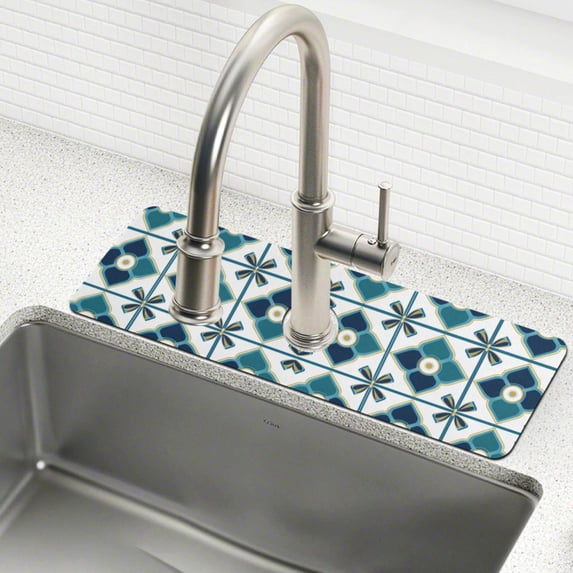 Yayeee Faucet Mat for Kitchen Sink 14.7" Diatomite Long Splash Guard Pad, Blue Mosaic Pattern, 2 Pack