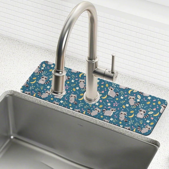 Yayeee Faucet Mat for Kitchen Sink 14.7" Diatomite Long Splash Guard Pad, Blue Raccoon Star Pattern