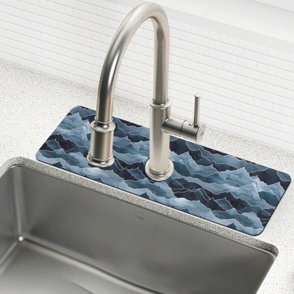 Yayeee Faucet Mat for Kitchen Sink 14.7" Diatomite Long Splash Guard Pad, Blue Watercolor Mountain Pattern, 2 Pack