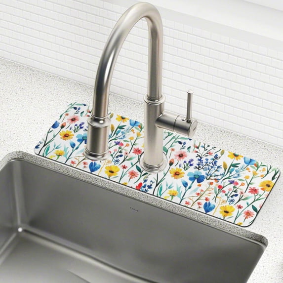 Yayeee Faucet Mat for Kitchen Sink 14.7" Diatomite Long Splash Guard Pad, Blue Wildflower Pattern