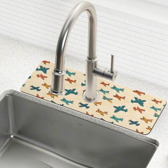 Yayeee Faucet Mat for Kitchen Sink 14.7" Diatomite Long Splash Guard Pad, Brown Cartoon Planes Pattern