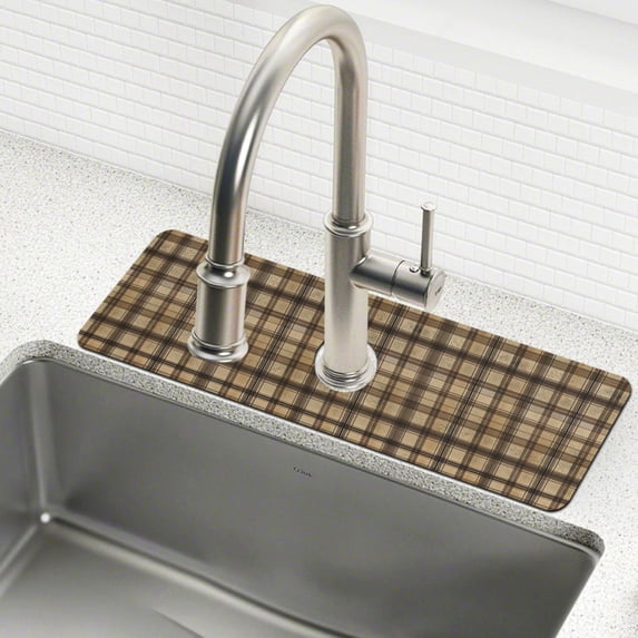 Yayeee Faucet Mat for Kitchen Sink 14.7" Diatomite Long Splash Guard Pad, Caramel Plaid Pattern, 2 Pack
