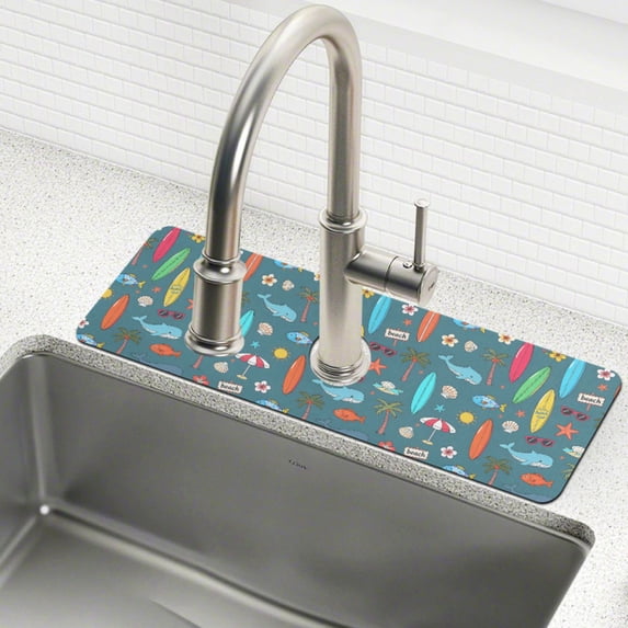 Yayeee Faucet Mat for Kitchen Sink 14.7" Diatomite Long Splash Guard Pad, Cartoon Beach Pattern