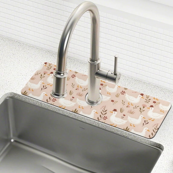 Yayeee Faucet Mat for Kitchen Sink 14.7" Diatomite Long Splash Guard Pad, Cartoon Goose Pattern