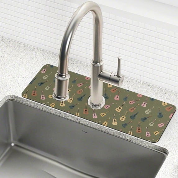 Yayeee Faucet Mat for Kitchen Sink 14.7" Diatomite Long Splash Guard Pad, Cartoon Guitar Pattern