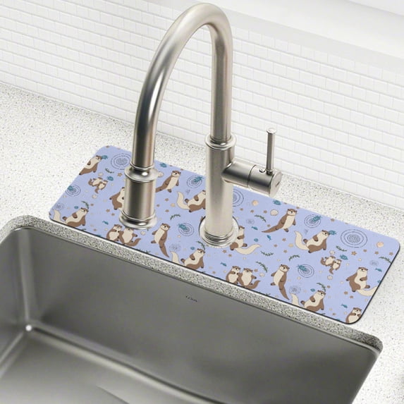 Yayeee Faucet Mat for Kitchen Sink 14.7" Diatomite Long Splash Guard Pad, Cartoon Otters Pattern