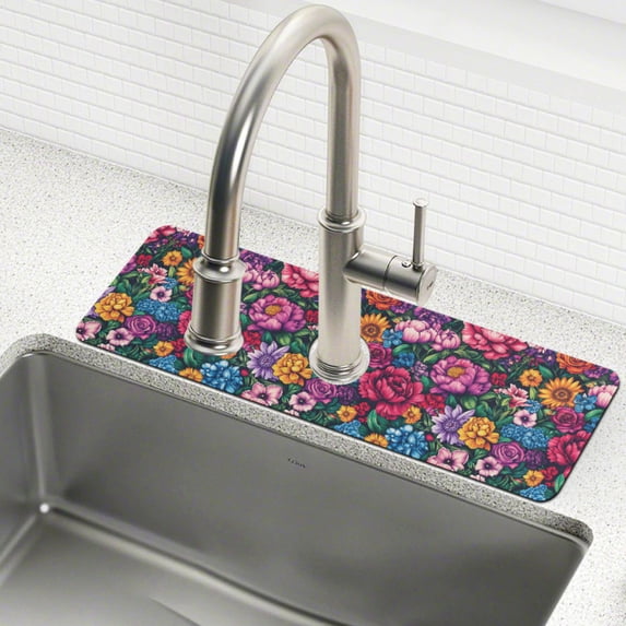 Yayeee Faucet Mat for Kitchen Sink 14.7" Diatomite Long Splash Guard Pad, Charming Floral Pattern