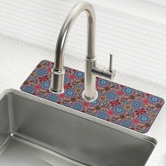 Yayeee Faucet Mat for Kitchen Sink 14.7" Diatomite Long Splash Guard Pad, Colorful Mandala Pattern