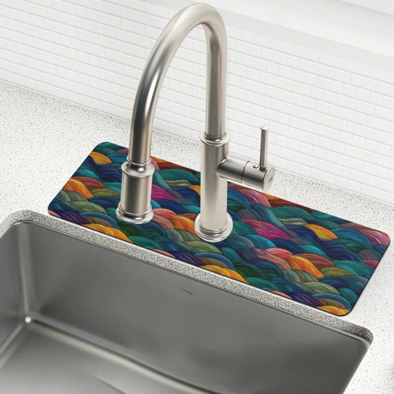 Yayeee Faucet Mat for Kitchen Sink 14.7" Diatomite Long Splash Guard Pad, Colorful Waves Pattern
