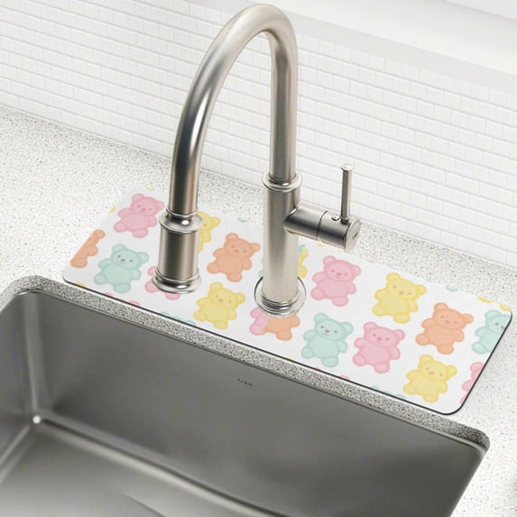 Yayeee Faucet Mat for Kitchen Sink 14.7" Diatomite Long Splash Guard Pad, Cute Gummy Bears Pattern