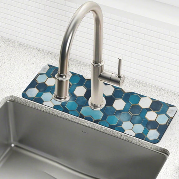 Yayeee Faucet Mat for Kitchen Sink 14.7" Diatomite Long Splash Guard Pad, Dark Blue Hexagon Patterns, 2 Pack