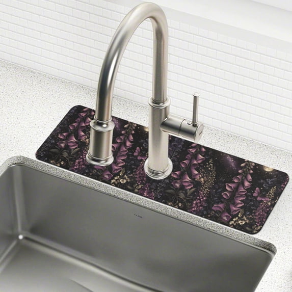 Yayeee Faucet Mat for Kitchen Sink 14.7" Diatomite Long Splash Guard Pad, Dark Gothic Floral