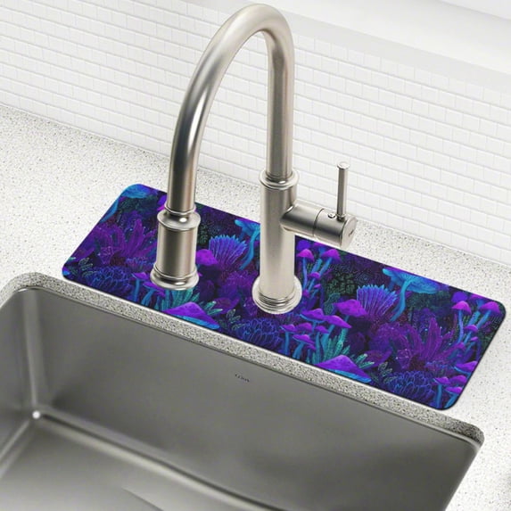 Yayeee Faucet Mat for Kitchen Sink 14.7" Diatomite Long Splash Guard Pad, Dark Mushrooms Pattern