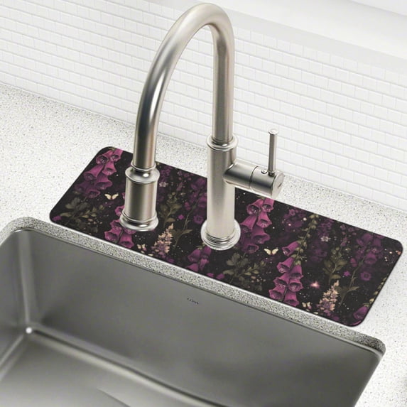 Yayeee Faucet Mat for Kitchen Sink 14.7" Diatomite Long Splash Guard Pad, Dark Purple Floral Pattern, 2 Pack