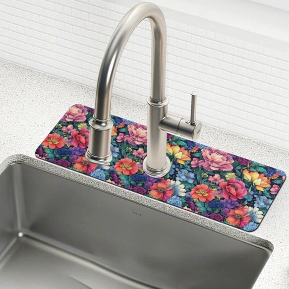 Yayeee Faucet Mat for Kitchen Sink 14.7" Diatomite Long Splash Guard Pad, Ethereal Floral Harmony