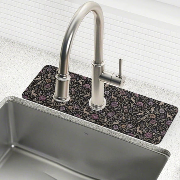 Yayeee Faucet Mat for Kitchen Sink 14.7" Diatomite Long Splash Guard Pad, Floral Forest Pattern