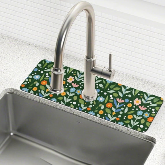 Yayeee Faucet Mat for Kitchen Sink 14.7" Diatomite Long Splash Guard Pad, Flourish Flowers Pattern