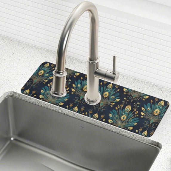 Yayeee Faucet Mat for Kitchen Sink 14.7" Diatomite Long Splash Guard Pad, Gold Peacock Pattern