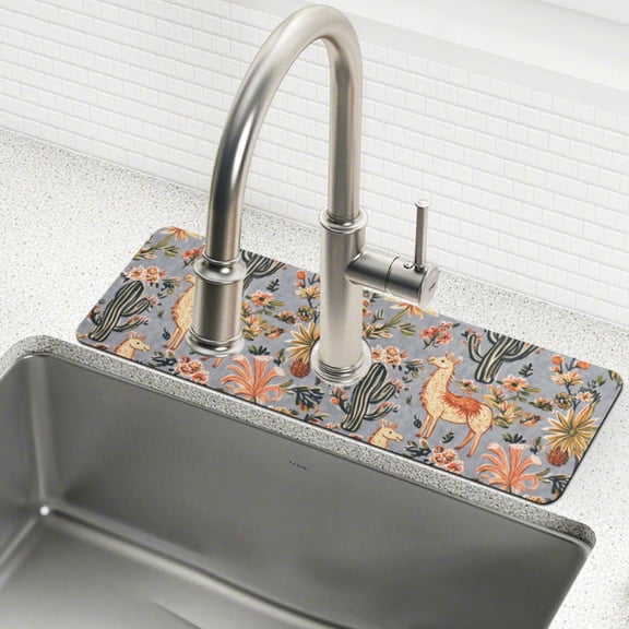 Yayeee Faucet Mat for Kitchen Sink 14.7" Diatomite Long Splash Guard Pad, Gray Llama Pattern