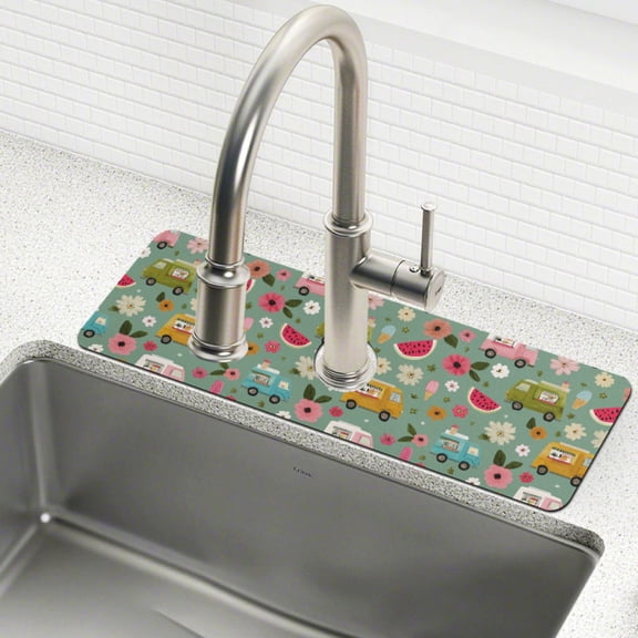 Yayeee Faucet Mat for Kitchen Sink 14.7" Diatomite Long Splash Guard Pad, Green Cartoon Trucks Pattern