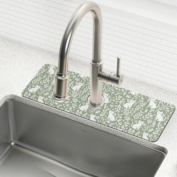 Yayeee Faucet Mat for Kitchen Sink 14.7" Diatomite Long Splash Guard Pad, Green Floral Cat Pattern