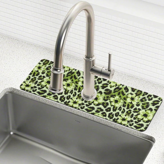 Yayeee Faucet Mat for Kitchen Sink 14.7" Diatomite Long Splash Guard Pad, Green Floral Leopard Pattern, 2 Pack
