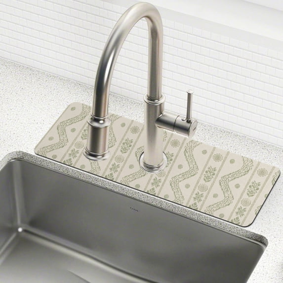 Yayeee Faucet Mat for Kitchen Sink 14.7" Diatomite Long Splash Guard Pad, Green Floral Stripe Pattern
