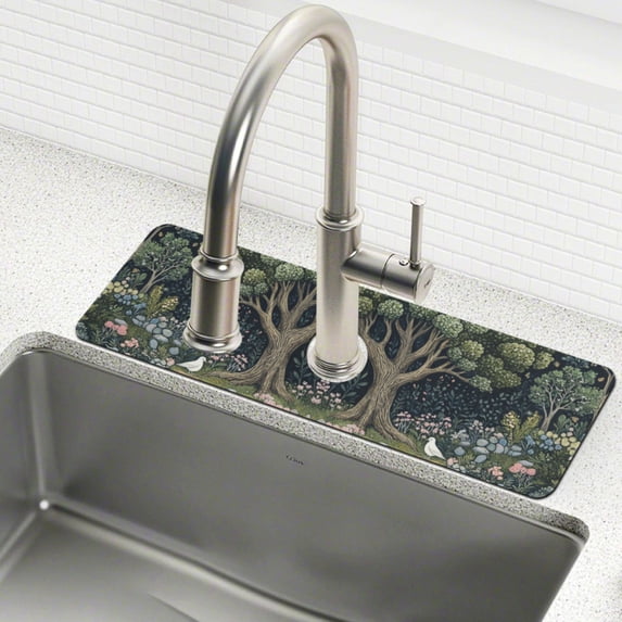Yayeee Faucet Mat for Kitchen Sink 14.7" Diatomite Long Splash Guard Pad, Green Forest Scene