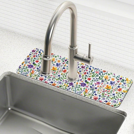 Yayeee Faucet Mat for Kitchen Sink 14.7" Diatomite Long Splash Guard Pad, Green Wildflower Pattern, 2 Pack
