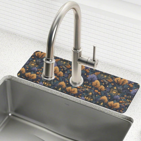 Yayeee Faucet Mat for Kitchen Sink 14.7" Diatomite Long Splash Guard Pad, Halloween Houses Pattern