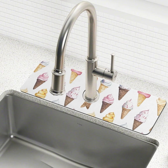 Yayeee Faucet Mat for Kitchen Sink 14.7" Diatomite Long Splash Guard Pad, Ice Cream Pattern