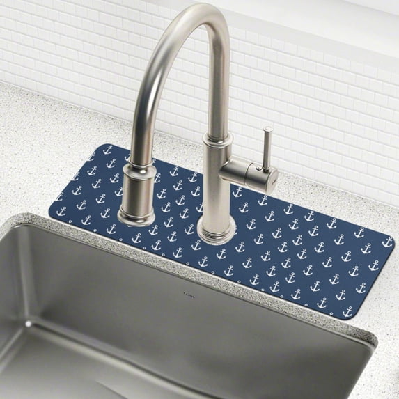 Yayeee Faucet Mat for Kitchen Sink 14.7" Diatomite Long Splash Guard Pad, Navy Blue Anchors Pattern