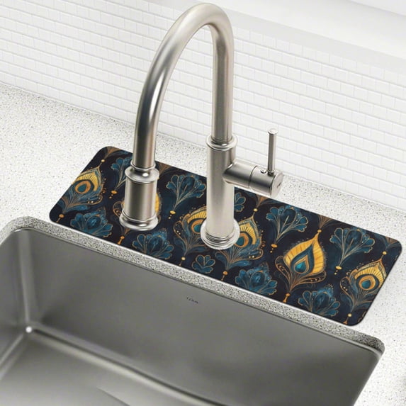 Yayeee Faucet Mat for Kitchen Sink 14.7" Diatomite Long Splash Guard Pad, Navy Blue Art Pattern, 2 Pack
