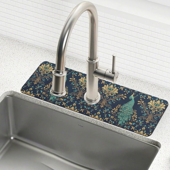 Yayeee Faucet Mat for Kitchen Sink 14.7" Diatomite Long Splash Guard Pad, Navy Blue Peacock Pattern, 2 Pack
