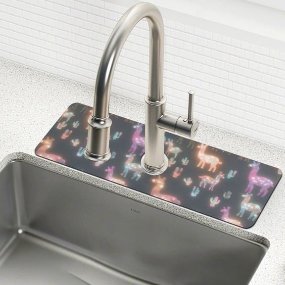 Yayeee Faucet Mat for Kitchen Sink 14.7" Diatomite Long Splash Guard Pad, Neon Llamas Pattern