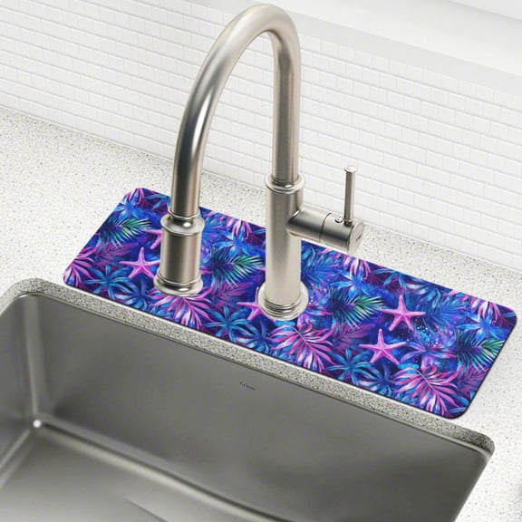 Yayeee Faucet Mat for Kitchen Sink 14.7" Diatomite Long Splash Guard Pad, Neon Pink Starfish