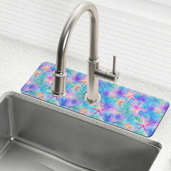 Yayeee Faucet Mat for Kitchen Sink 14.7" Diatomite Long Splash Guard Pad, Neon Starfish Pattern