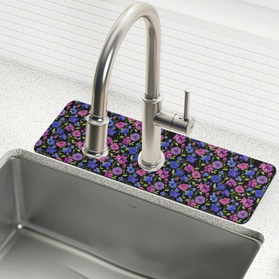 Yayeee Faucet Mat for Kitchen Sink 14.7" Diatomite Long Splash Guard Pad, Night Flower Blooms Pattern
