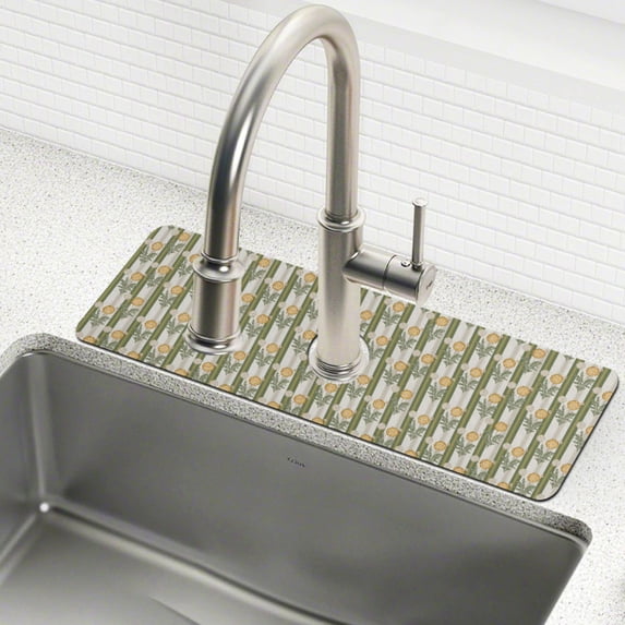 Yayeee Faucet Mat for Kitchen Sink 14.7" Diatomite Long Splash Guard Pad, Olive Green Flowers