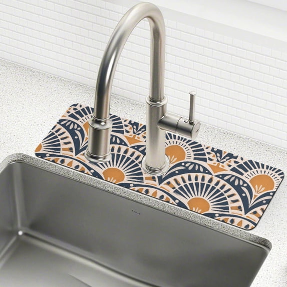 Yayeee Faucet Mat for Kitchen Sink 14.7" Diatomite Long Splash Guard Pad, Orange Art Pattern