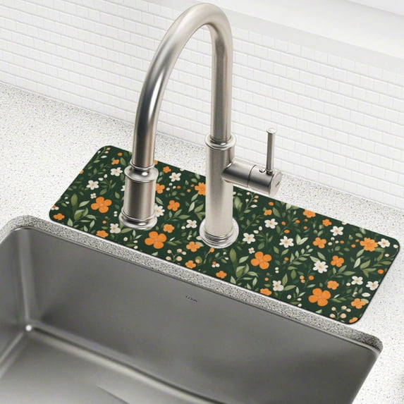Yayeee Faucet Mat for Kitchen Sink 14.7" Diatomite Long Splash Guard Pad, Orange Flowers