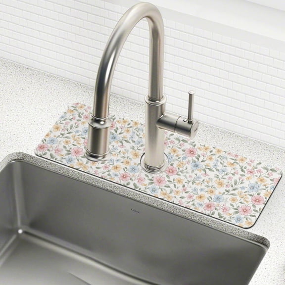 Yayeee Faucet Mat for Kitchen Sink 14.7" Diatomite Long Splash Guard Pad, Pastel Floral Pattern